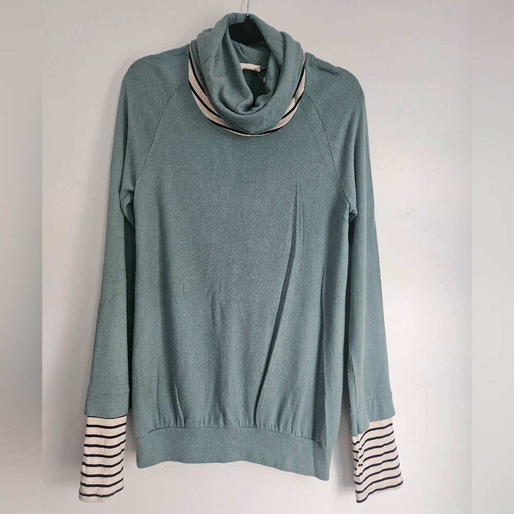 Lovely Melody Cozy Teal Cowl Neck Sweater with Striped Cuffs